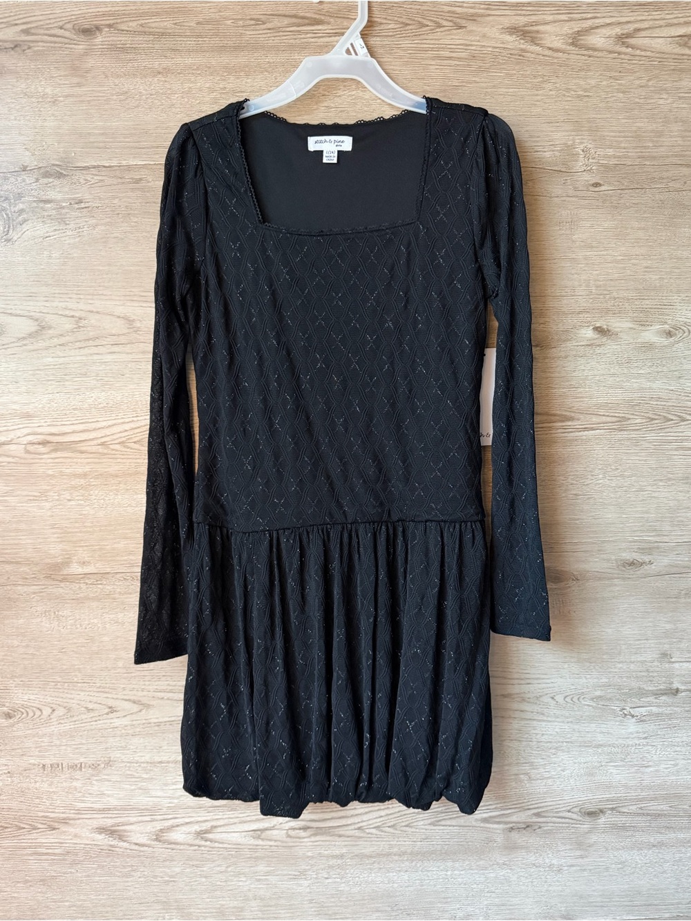 NWT Black Metallic Shimmer Dress Girls L 14 Square Neck Long Sleeve Babydoll